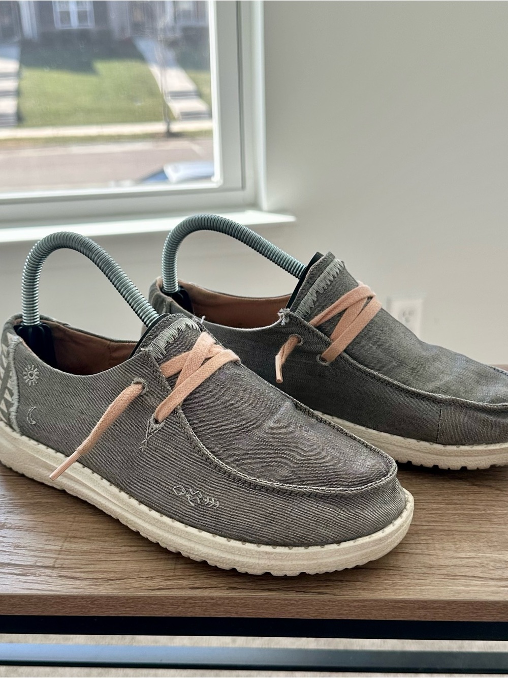 Hey Dude Wendy Boho Grey Canvas Slip-On Loafers with Pink Laces